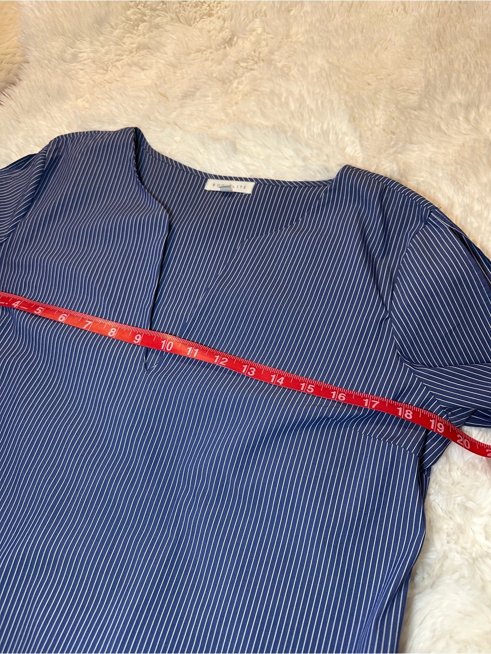 Socialite Blue White Pinstripe Mini Shift Dress Tunic Bell Sleeve Pockets M - Picture 8 of 12